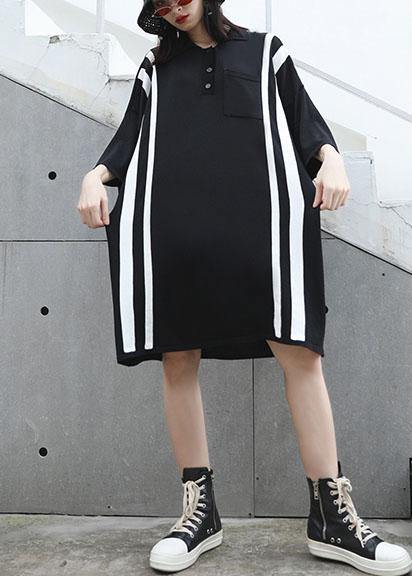 French Patchwork Big Pockets Cotton Clothes for Neckline Black Dress Summer