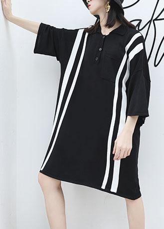 French Patchwork Big Pockets Cotton Clothes for Neckline Black Dress Summer