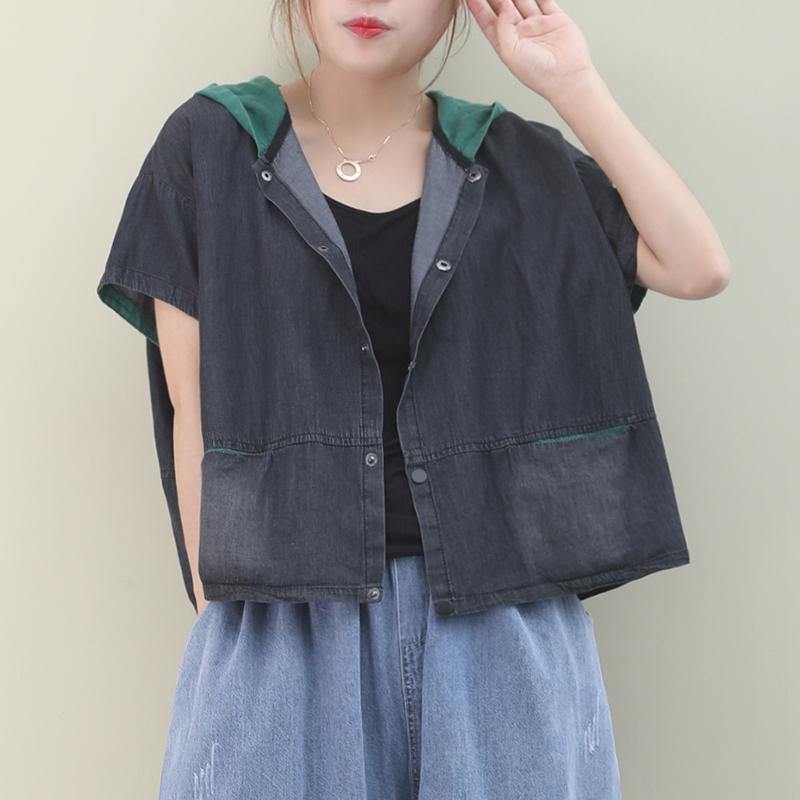 French Patchwork Cotton Summer Blouse Neckline Green Hooded Tops