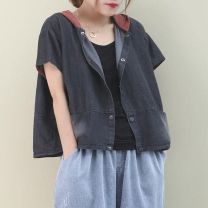 French Patchwork Cotton Summer Blouse Neckline Green Hooded Tops