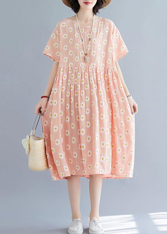 French Pink Daisy Print Outfit O Neck Daily Summer Dresses