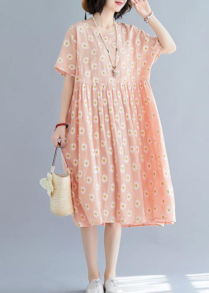 French Pink Daisy Print Outfit O Neck Daily Summer Dresses