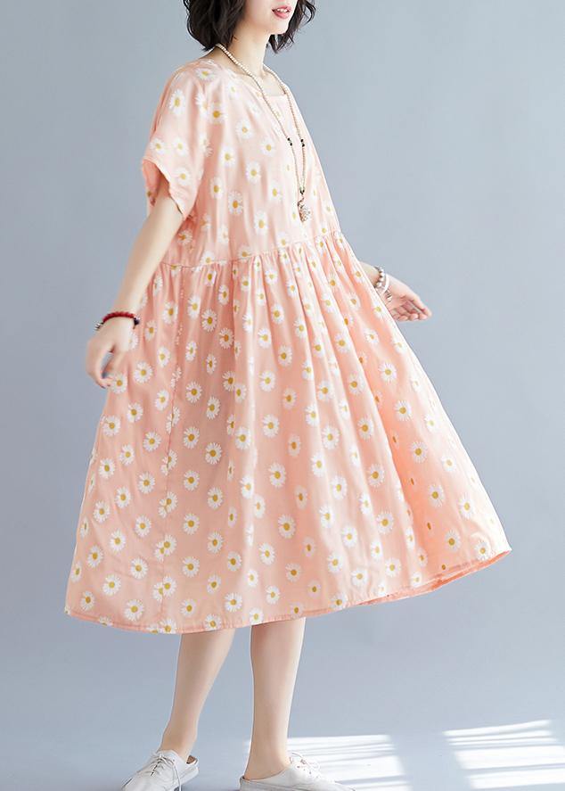 French Pink Daisy Print Outfit O Neck Daily Summer Dresses
