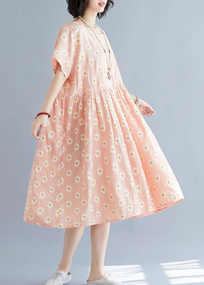 French Pink Daisy Print Outfit O Neck Daily Summer Dresses