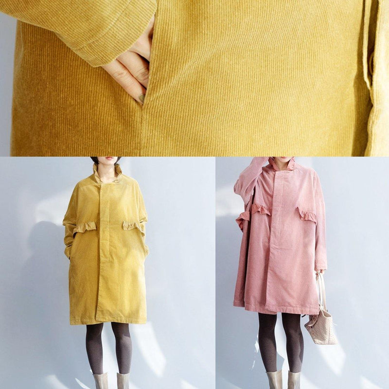 French Pink Trench Coat Sewing Side Open Ruffles Collar Jackets