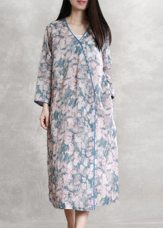 French Pink Blue Print Quilting Dresses V Neck Asymmetric Dresses