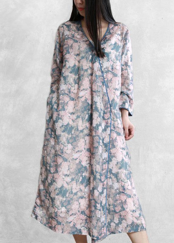 French Pink Blue Print Quilting Dresses V Neck Asymmetric Dresses