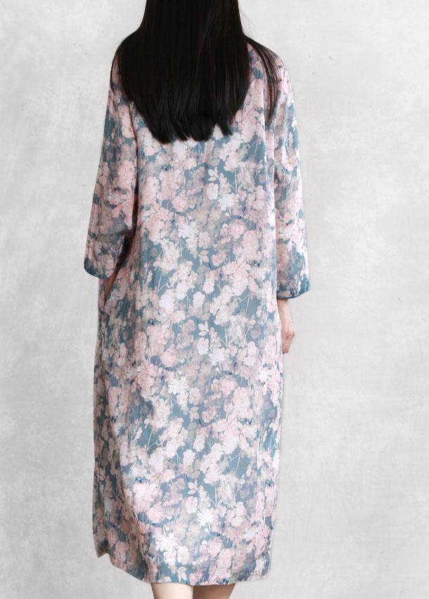 French Pink Blue Print Quilting Dresses V Neck Asymmetric Dresses