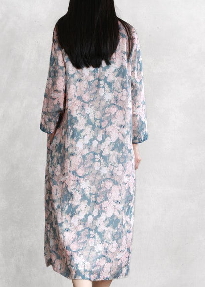 French Pink Blue Print Quilting Dresses V Neck Asymmetric Dresses