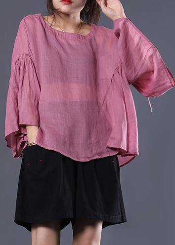 French Pink Linen Tunic Top Ruffles Sleeve Daily Summer Tops