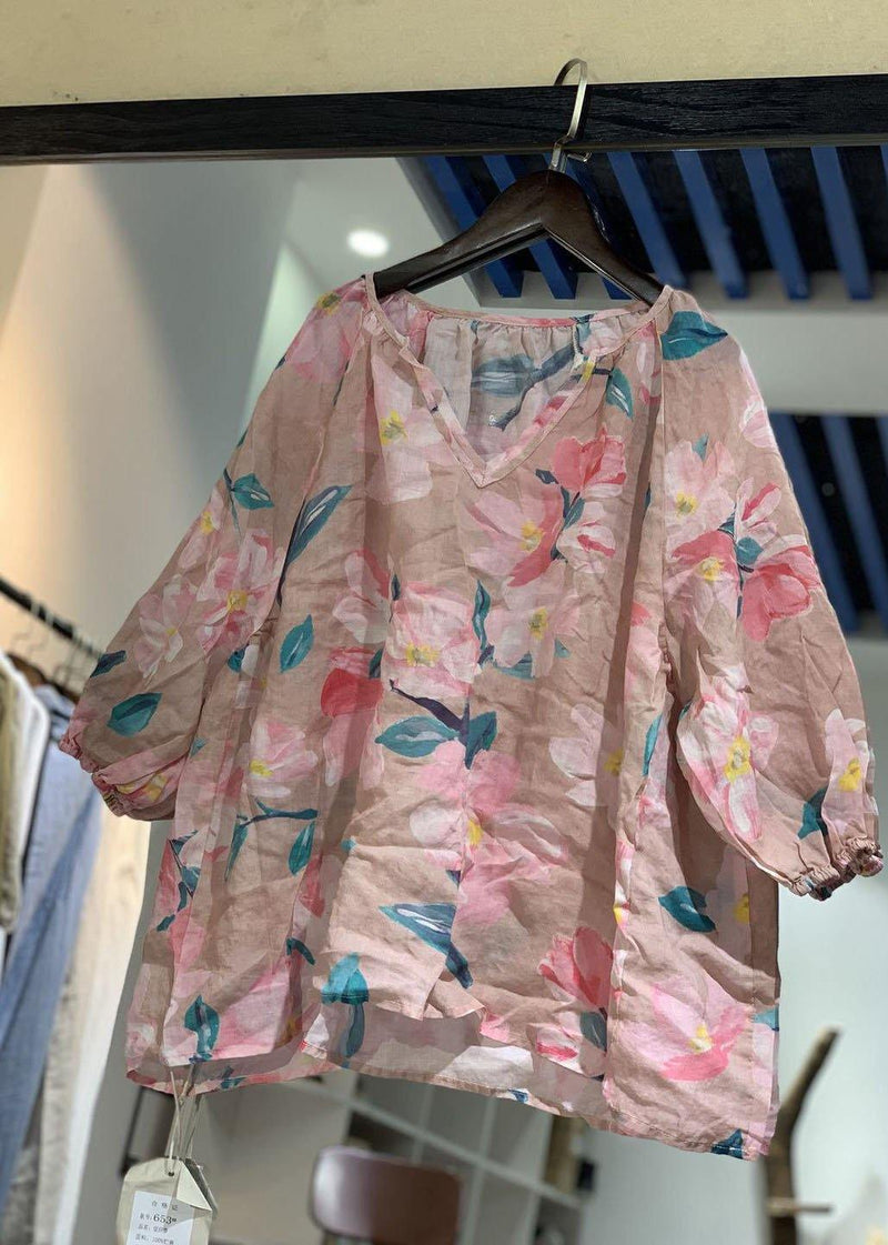French Pink Prints Linen Top Silhouette V Neck Silhouette Fall Shirt