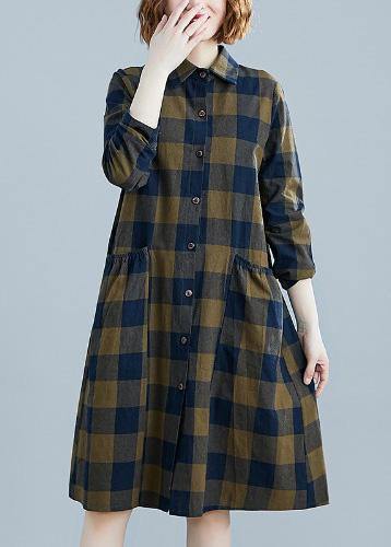 French Plaid Cotton Clothes Lapel Pockets Daily Spring Dresses