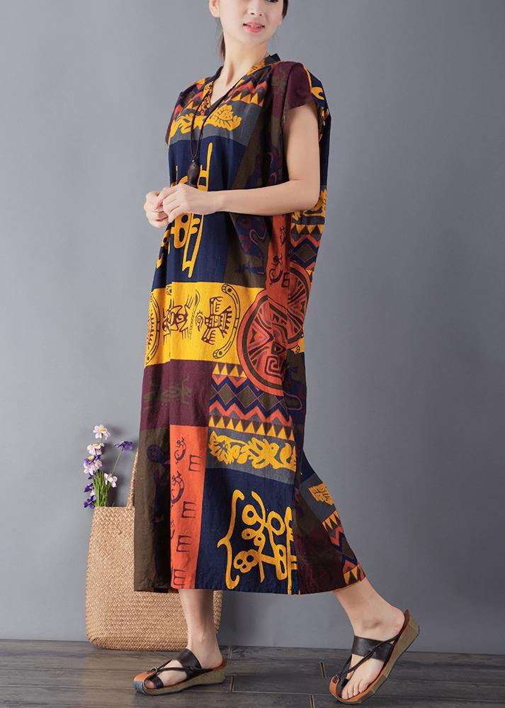 French Print Cotton Quilting Clothes V Neck Maxi Summer Dresses