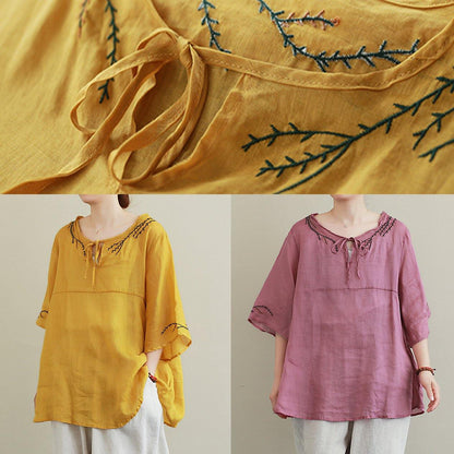 French Purple Embroidery Linen Blouse O Neck Midi Shirts