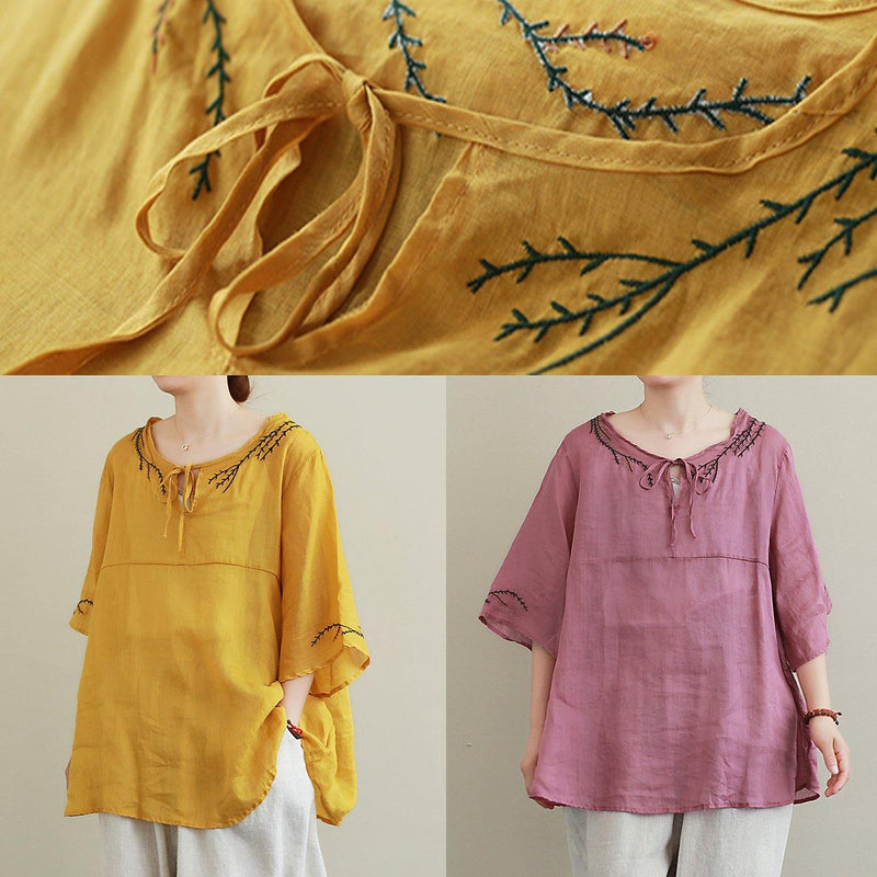 French Purple Embroidery Linen Blouse O Neck Midi Shirts