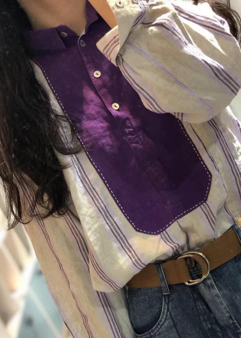 French purple striped linen tunics for women patchwork loose fall tops