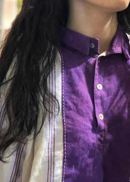 French purple striped linen tunics for women patchwork loose fall tops