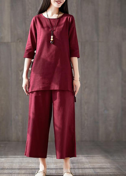 French Red Cotton Clothes for Fitted Linen Wide Leg Pants Two Pieces Maxi O Neck Chinese Button Tops