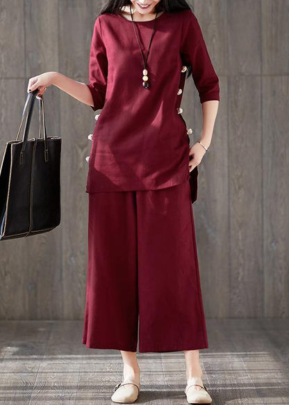 French Red Cotton Clothes for Fitted Linen Wide Leg Pants Two Pieces Maxi O Neck Chinese Button Tops