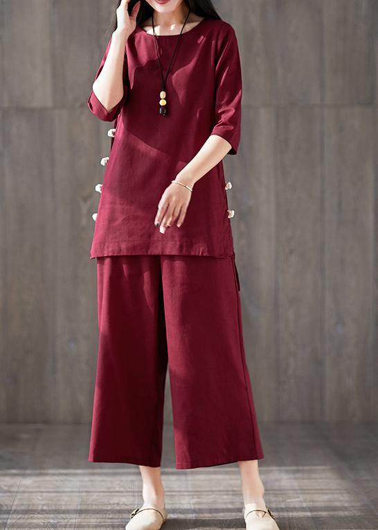 French Red Cotton Clothes for Fitted Linen Wide Leg Pants Two Pieces Maxi O Neck Chinese Button Tops