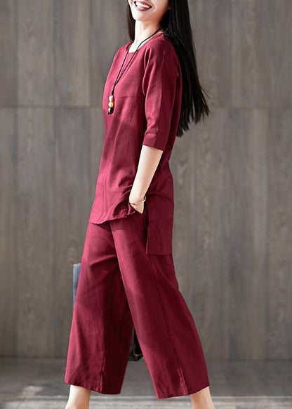 French Red Cotton Clothes for Fitted Linen Wide Leg Pants Two Pieces Maxi O Neck Chinese Button Tops