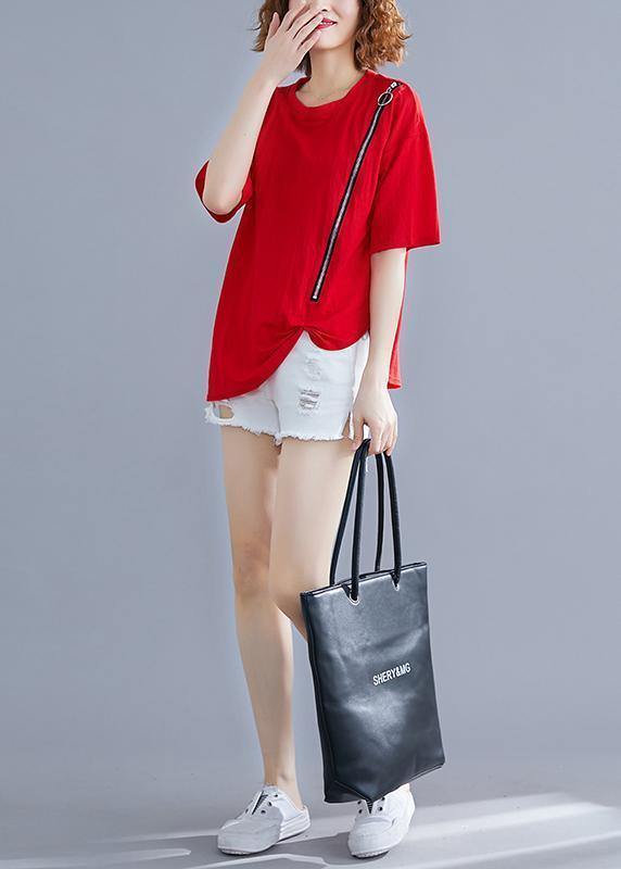 French Red Cotton O Neck Zippered Dresses Summer Shirts