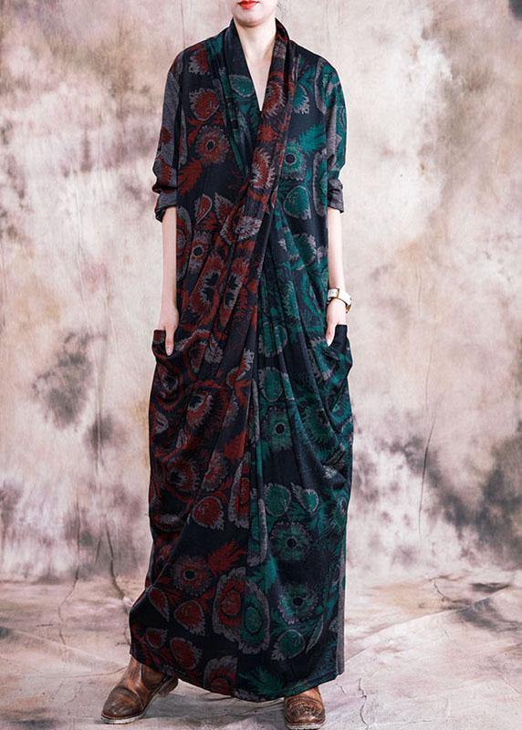 French Red Patchwork Green Print Cotton Tunic V Neck Cinched Long Fall Dresses