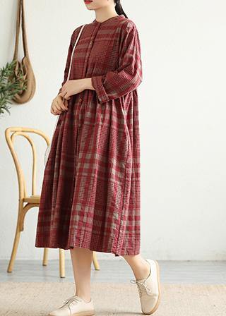 French Red Plaid Cotton Linen Quilting Clothes Stand Collar Cinched Art Dress