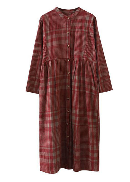 French Red Plaid Cotton Linen Quilting Clothes Stand Collar Cinched Art Dress