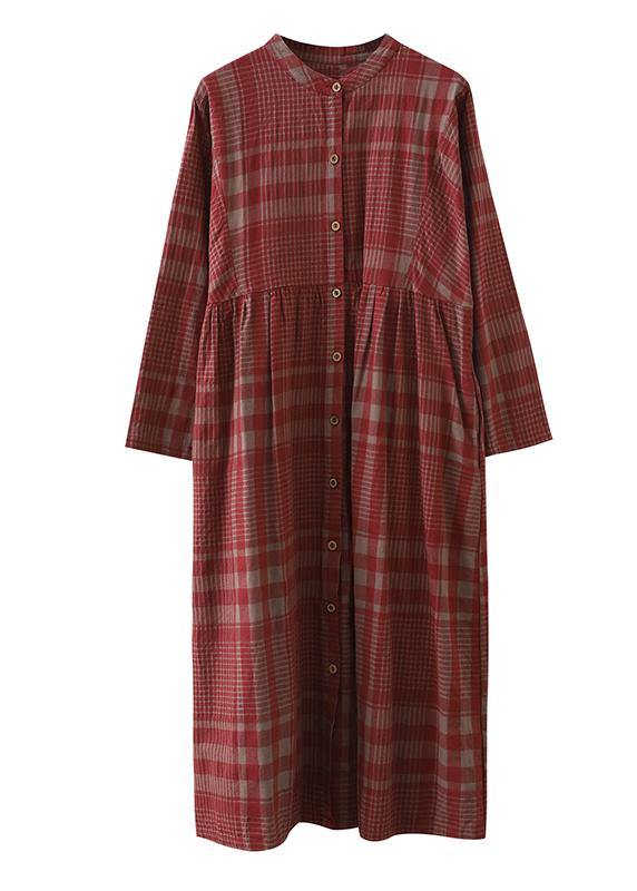 French Red Plaid Cotton Linen Quilting Clothes Stand Collar Cinched Art Dress