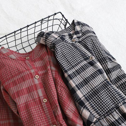 French Red Plaid Cotton Linen Quilting Clothes Stand Collar Cinched Art Dress