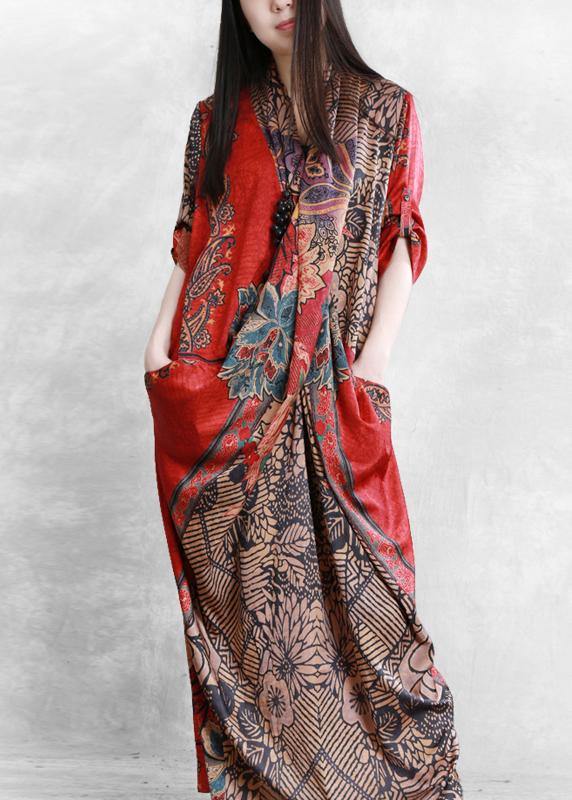 French Red Print Clothes for V Neck Patchwork Dresses