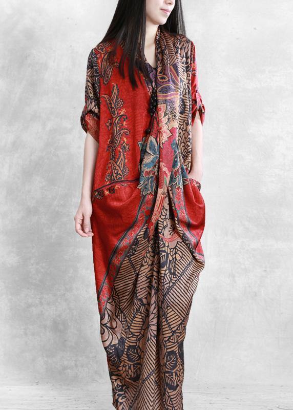 French Red Print Clothes for V Neck Patchwork Dresses