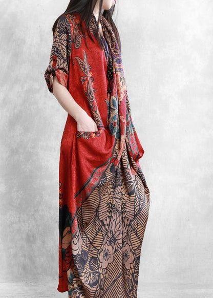 French Red Print Clothes for V Neck Patchwork Dresses