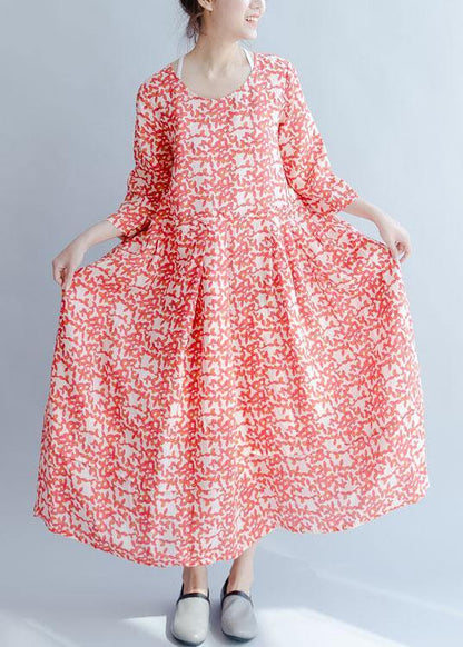 French Red Print Cotton Robes O Neck Half Sleeve Traveling Fall Dresses