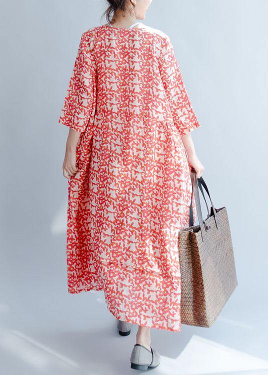 French Red Print Cotton Robes O Neck Half Sleeve Traveling Fall Dresses