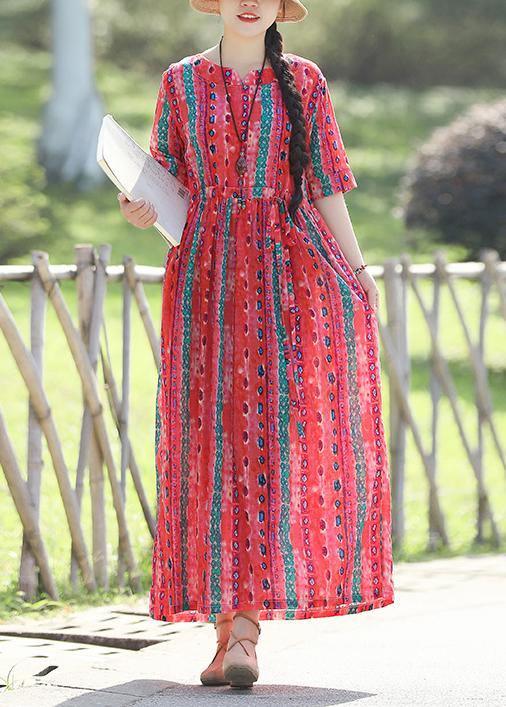 French Red Print Chiffon Wardrobes Pakistani Shape V-neck Art Summer Dress