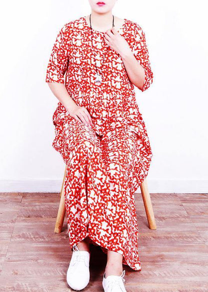 French Red Print Linen Wardrobes O Neck Cinched Art Summer Dresses