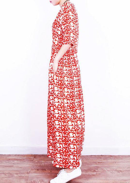 French Red Print Linen Wardrobes O Neck Cinched Art Summer Dresses