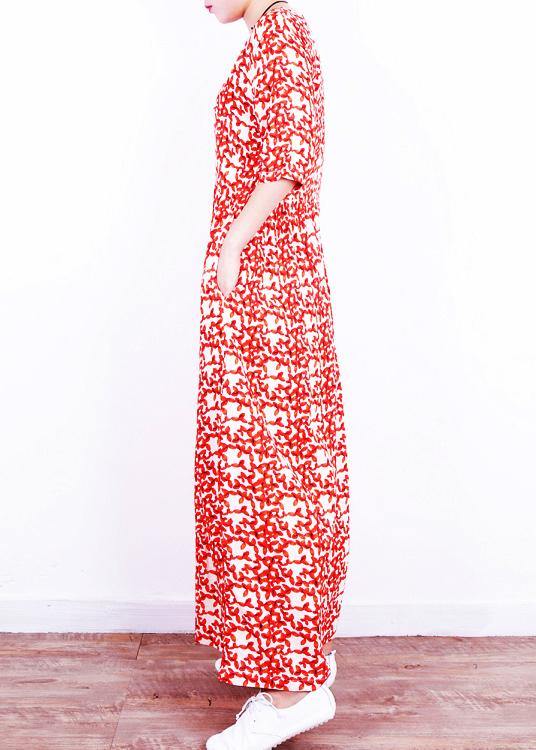 French Red Print Linen Wardrobes O Neck Cinched Art Summer Dresses