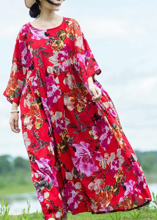 French Red Print Linen Cotton Outfit Extra Large Hem Cinched Loose Summer Dress