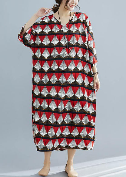 French Red Prints Cotton Tunic Pattern Mom Photography V Neck Traveling Summer Dresses