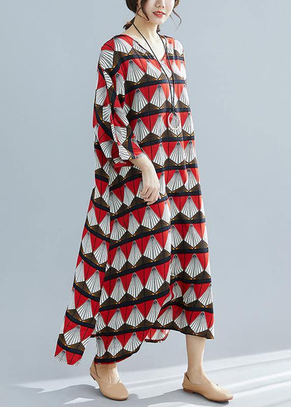 French Red Prints Cotton Tunic Pattern Mom Photography V Neck Traveling Summer Dresses