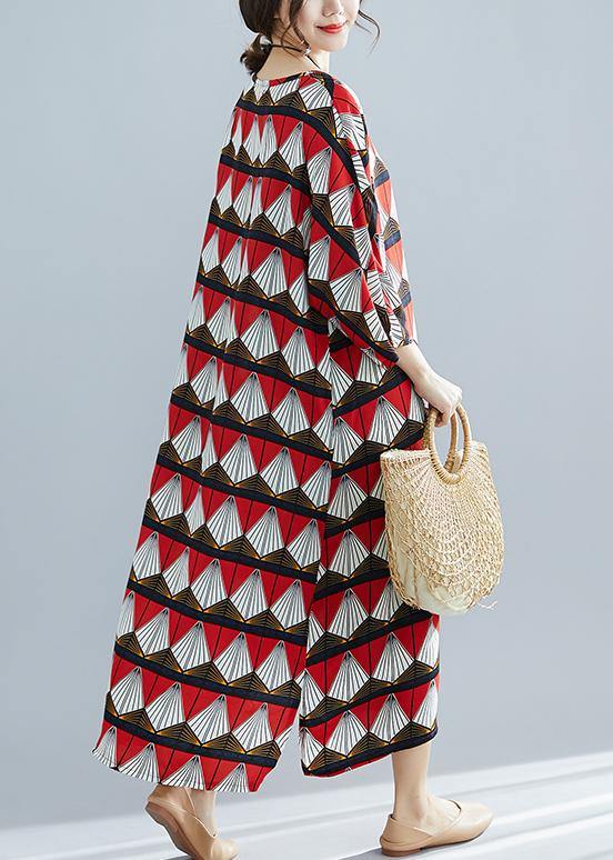 French Red Prints Cotton Tunic Pattern Mom Photography V Neck Traveling Summer Dresses