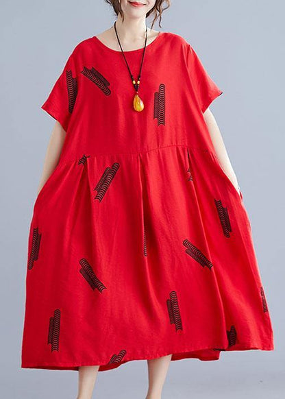French Red Prints Linen Dresses Cinched Maxi Summer Dress