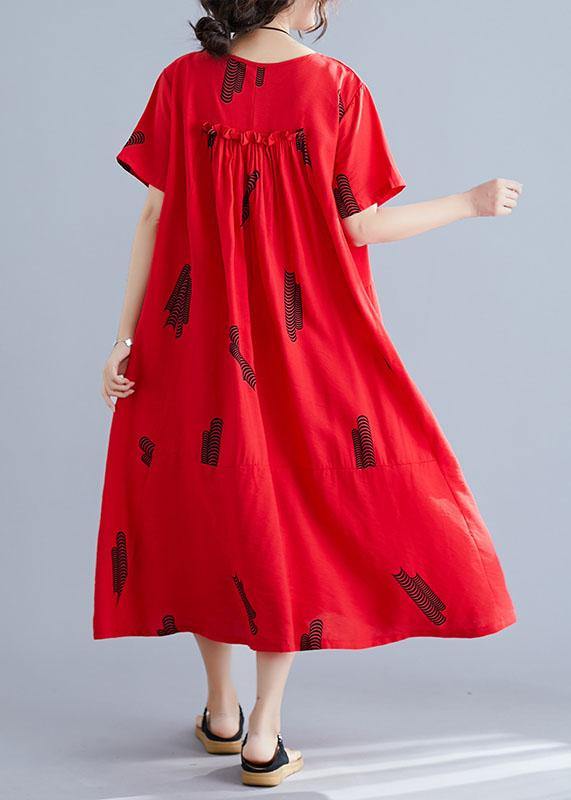 French Red Prints Linen Dresses Cinched Maxi Summer Dress