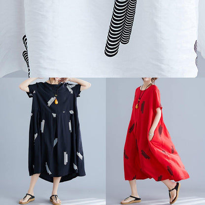 French Red Prints Linen Dresses Cinched Maxi Summer Dress
