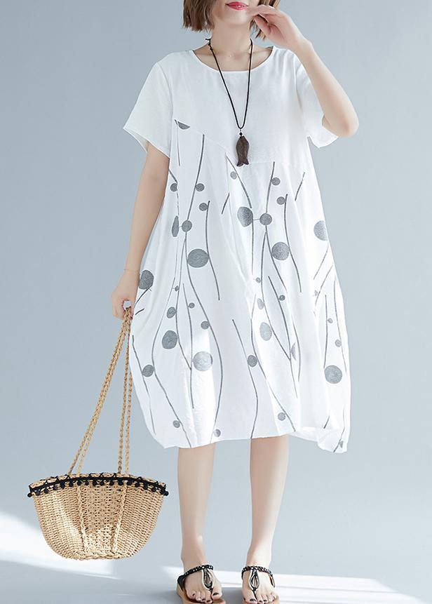 French Short Sleeve Cotton Linen Tunics Fabrics Black Print Dresses Summer