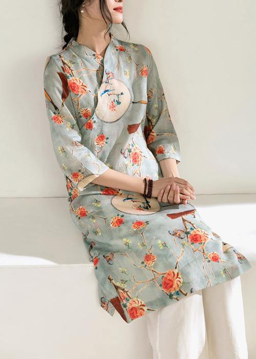 French Side Chinese Button Linen Stand Collar Clothes Runway Light Blue Dresses