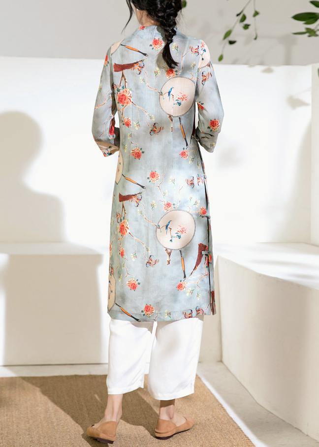 French Side Chinese Button Linen Stand Collar Clothes Runway Light Blue Dresses